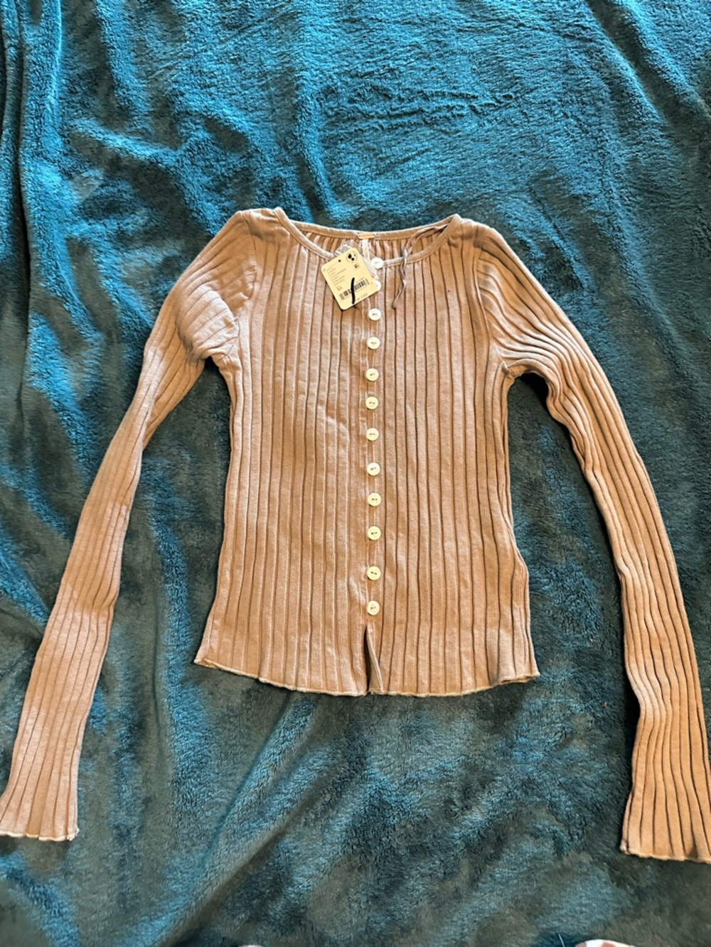 Free People Ribbed Button-Front Long Sleeve Top - Taupe